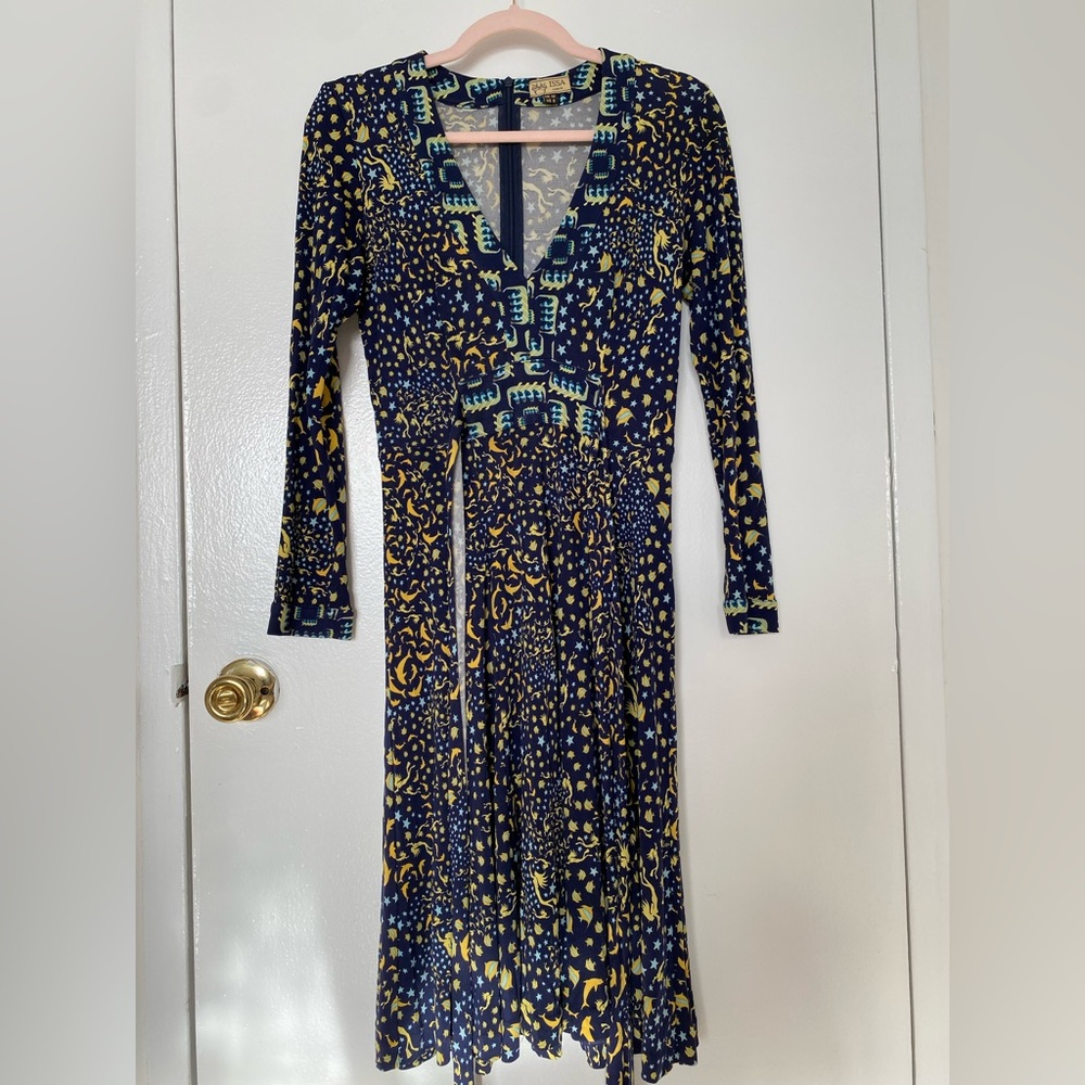 Vintage Issa London 100% Silk Elegant Blue and Yellow Patterned Dress